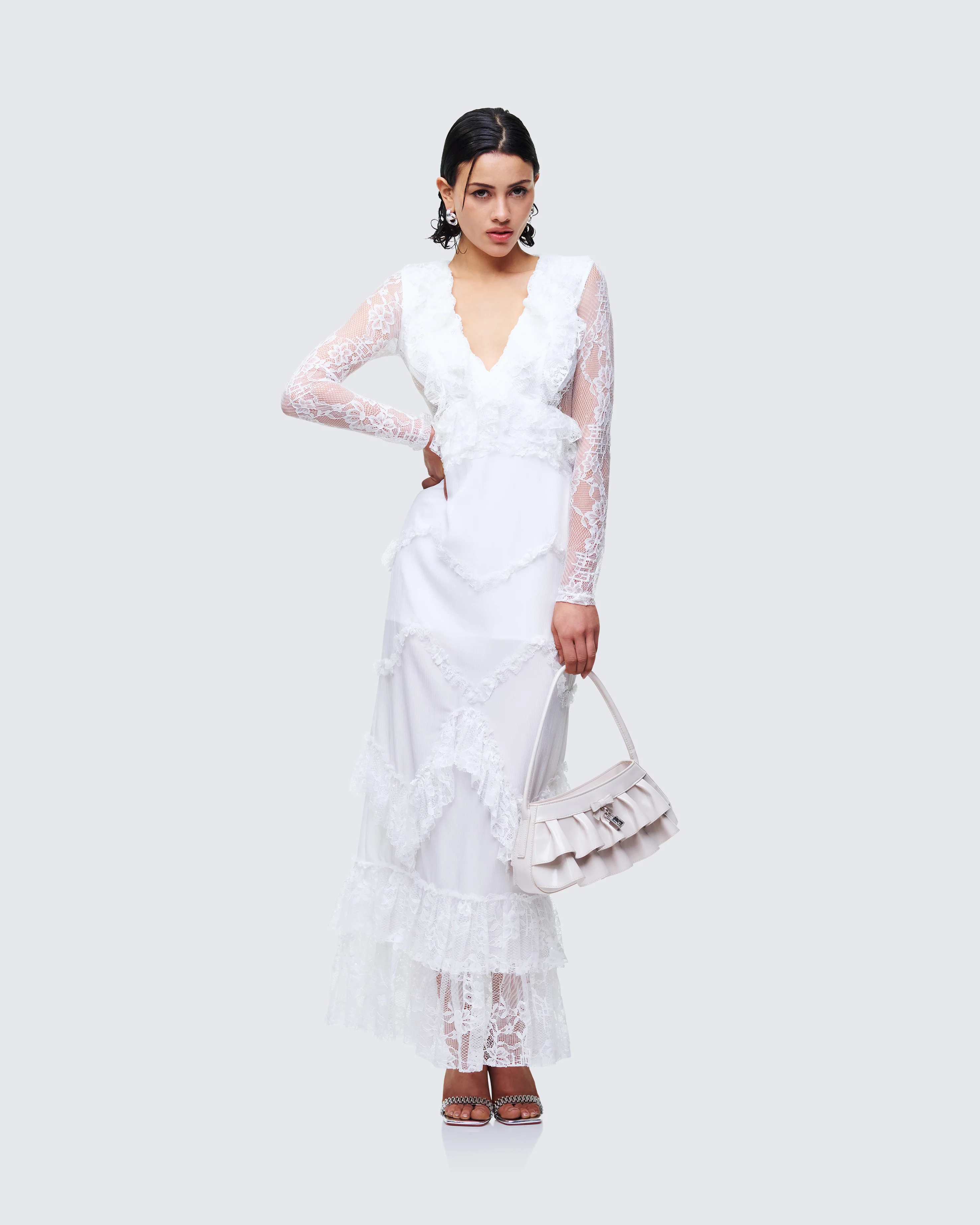 Lulea White Lace Ruffle Trim Mini Dress