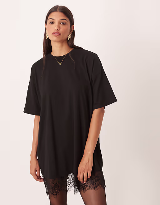 oversized mini dress with lace hem trim in black