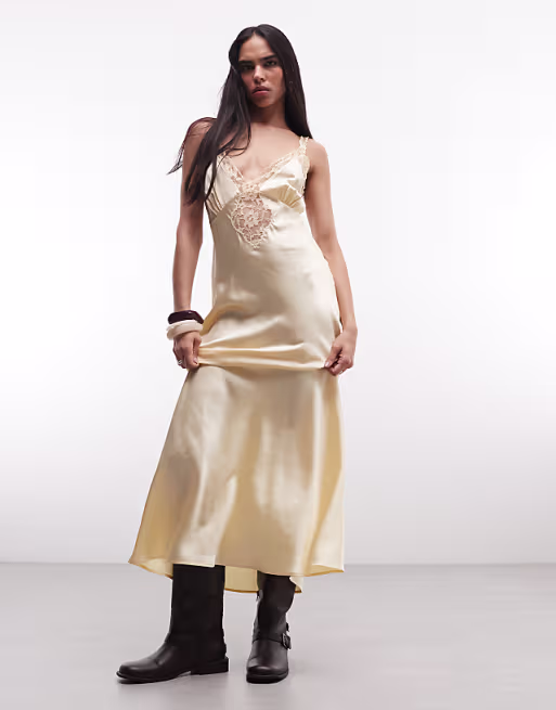 Reclaimed Vintage maxi tea dress with lace inserts in yellow