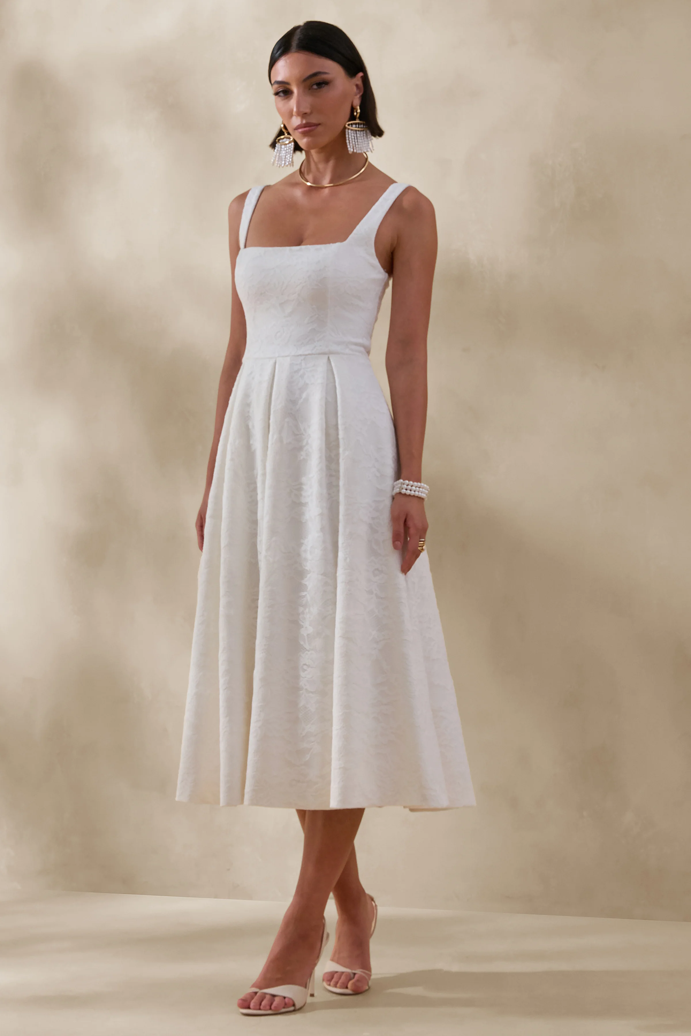 Ashmara | White Lace Square-Neck Midi Dress