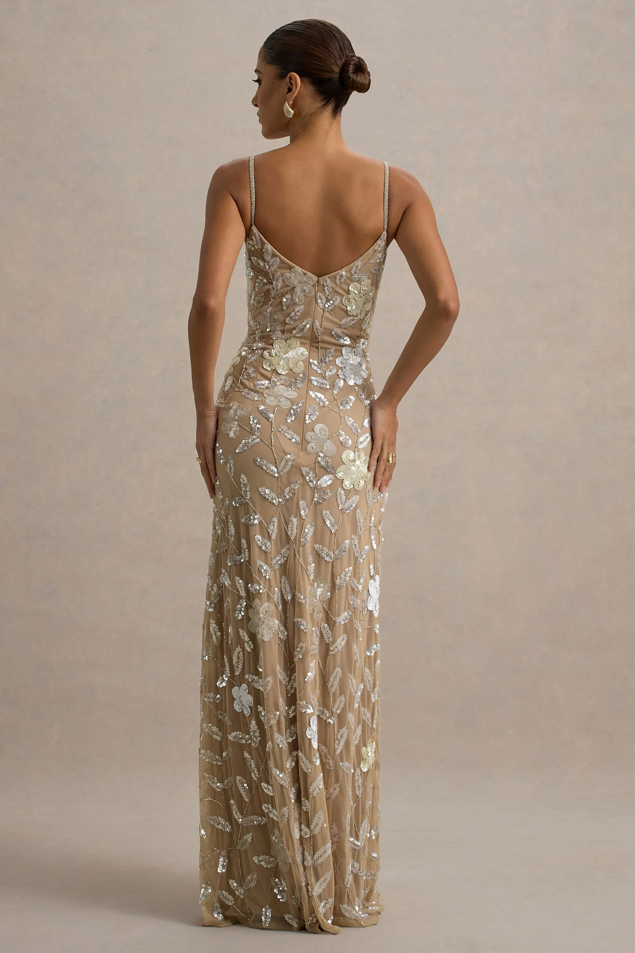 Gemini | Floral Sequin Hand-Embellished Strappy Maxi Dress