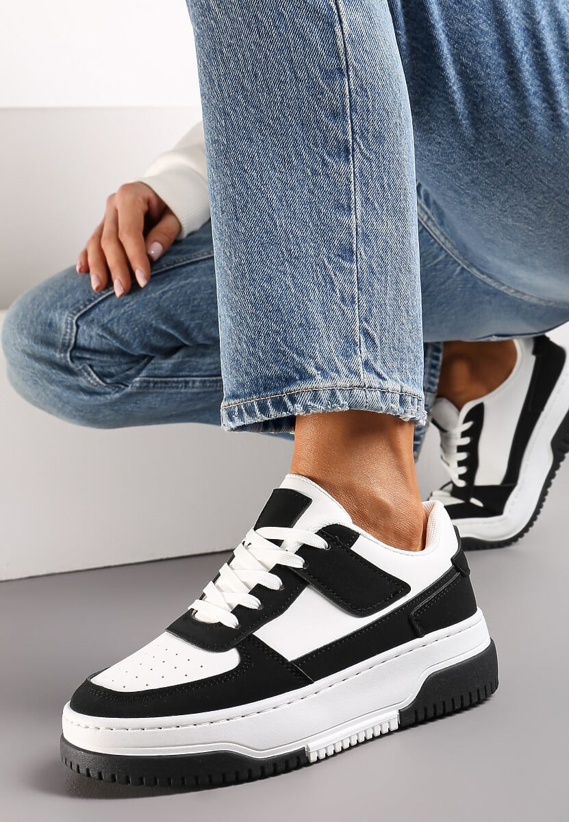 Czarno-Białe Sneakersy na Platformie z Ozdobnymi Wstawkami Faretta