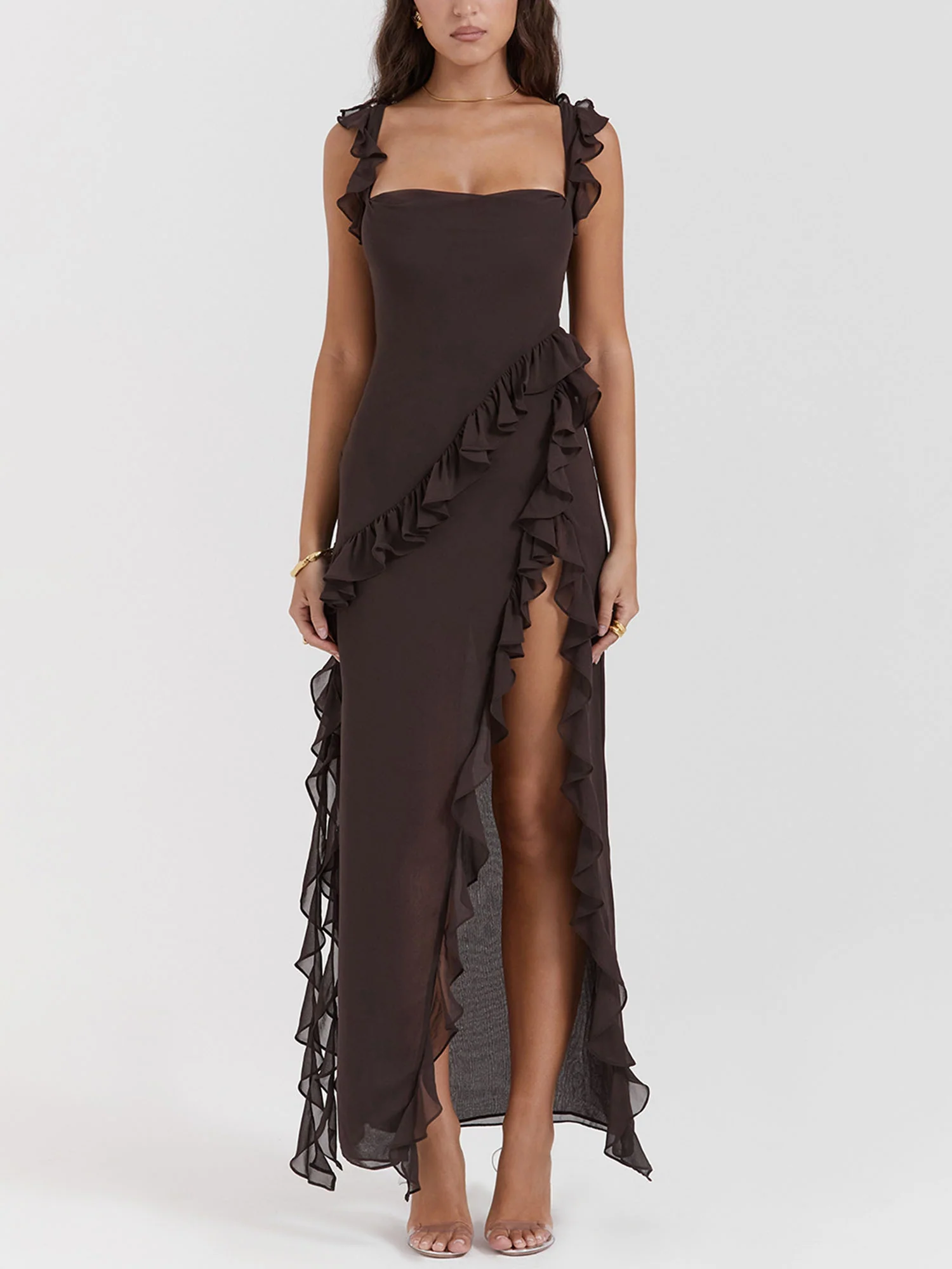 Brown Ruffled Cutout Maxi Dress with High Slit