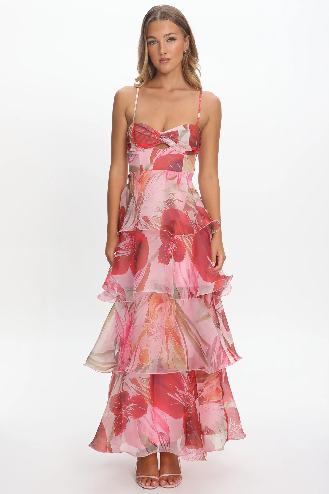 Varenna Layered Sweetheart Neckline Maxi Dress Print Red