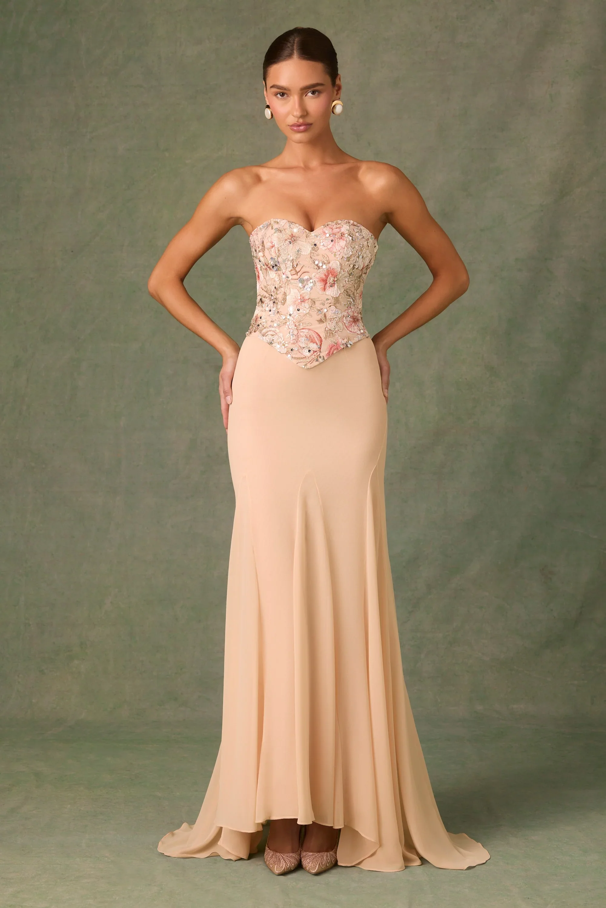 Embellished Corset Fishtail Gown in Floral Beige