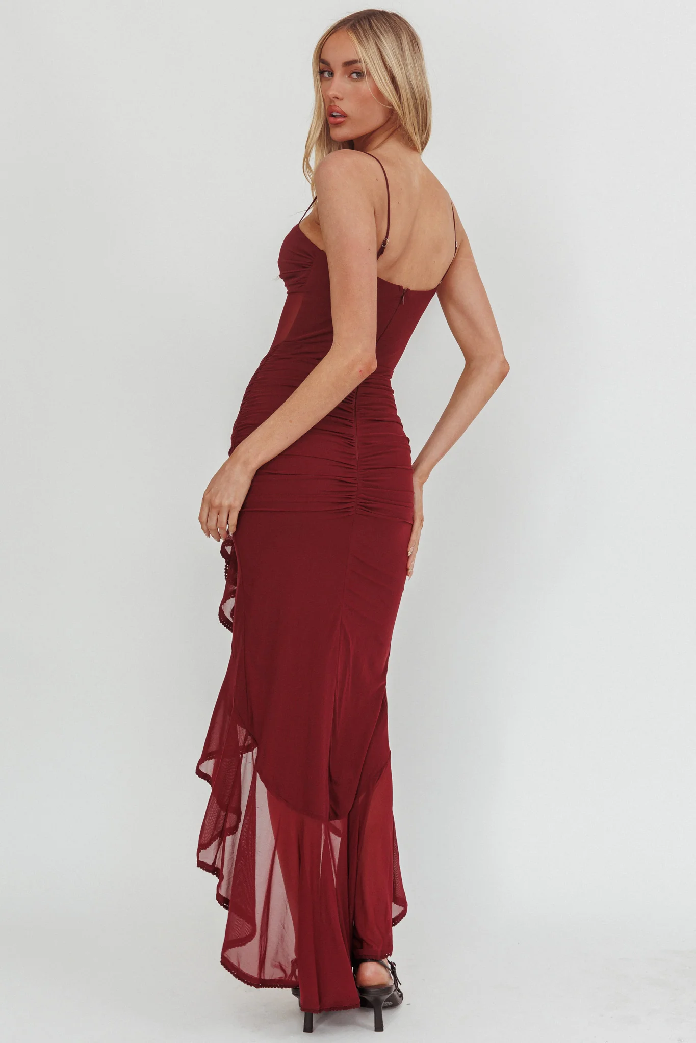Kamilah Sheer Waist Ruched Ruffle Maxi Dress Wine - luluinthesky
