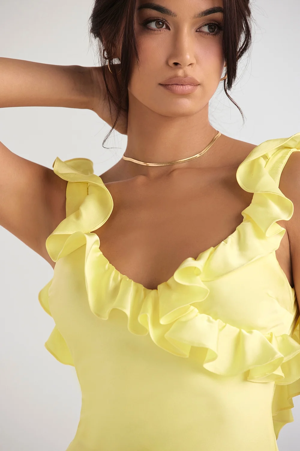buttercup satin ruffle mini dress