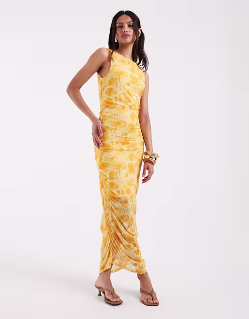 PIECES ruched midi dress in yellow floral print