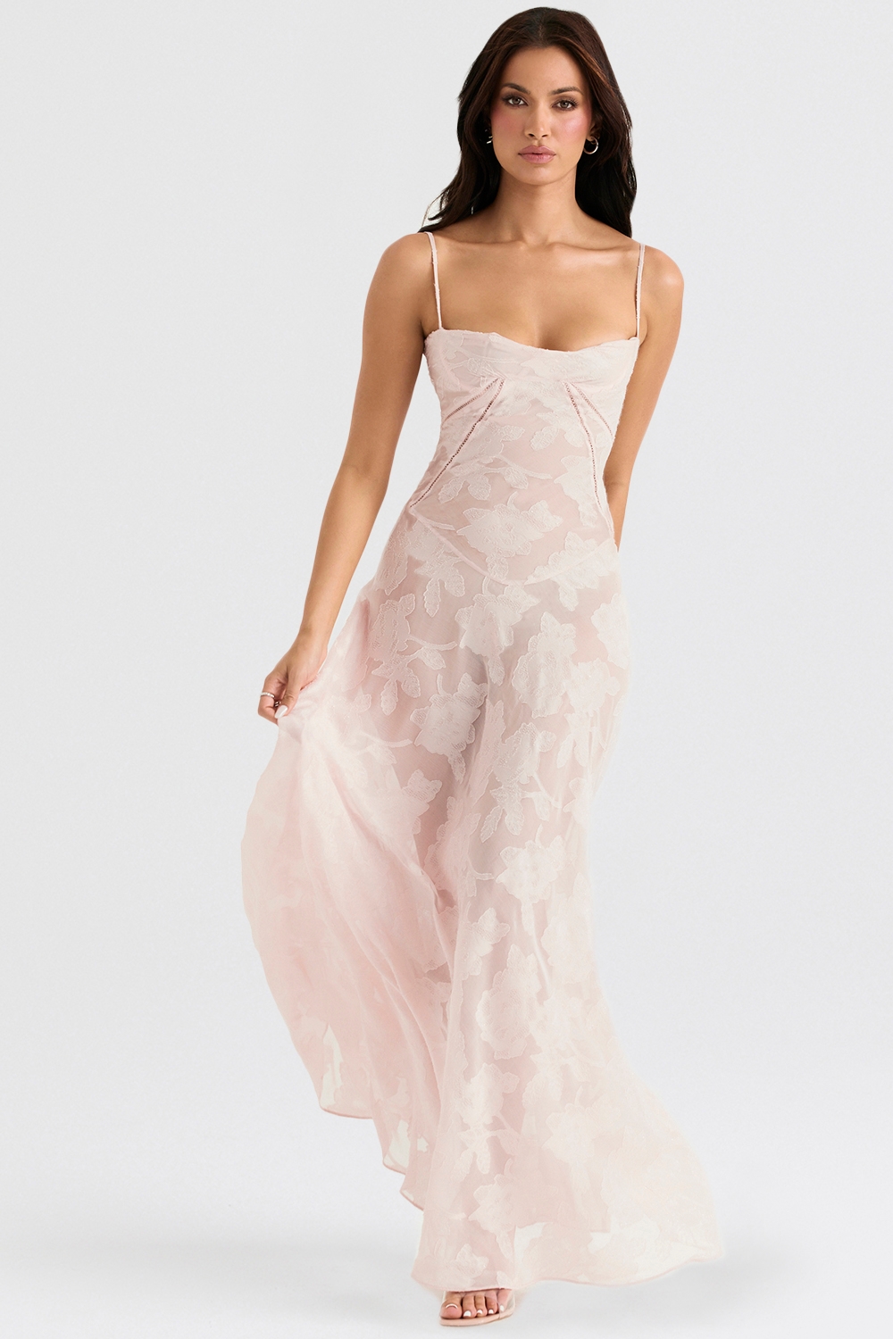 Soft Pink Floral Lace Back Maxi Dress