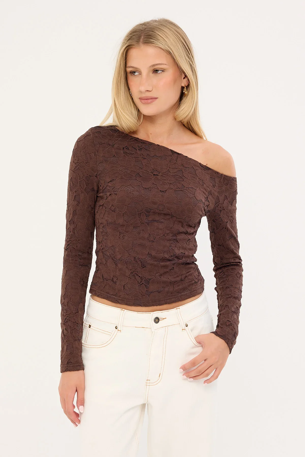 Luck & Trouble Solace Off Shoulder Long Sleeve Lace Top Brown
