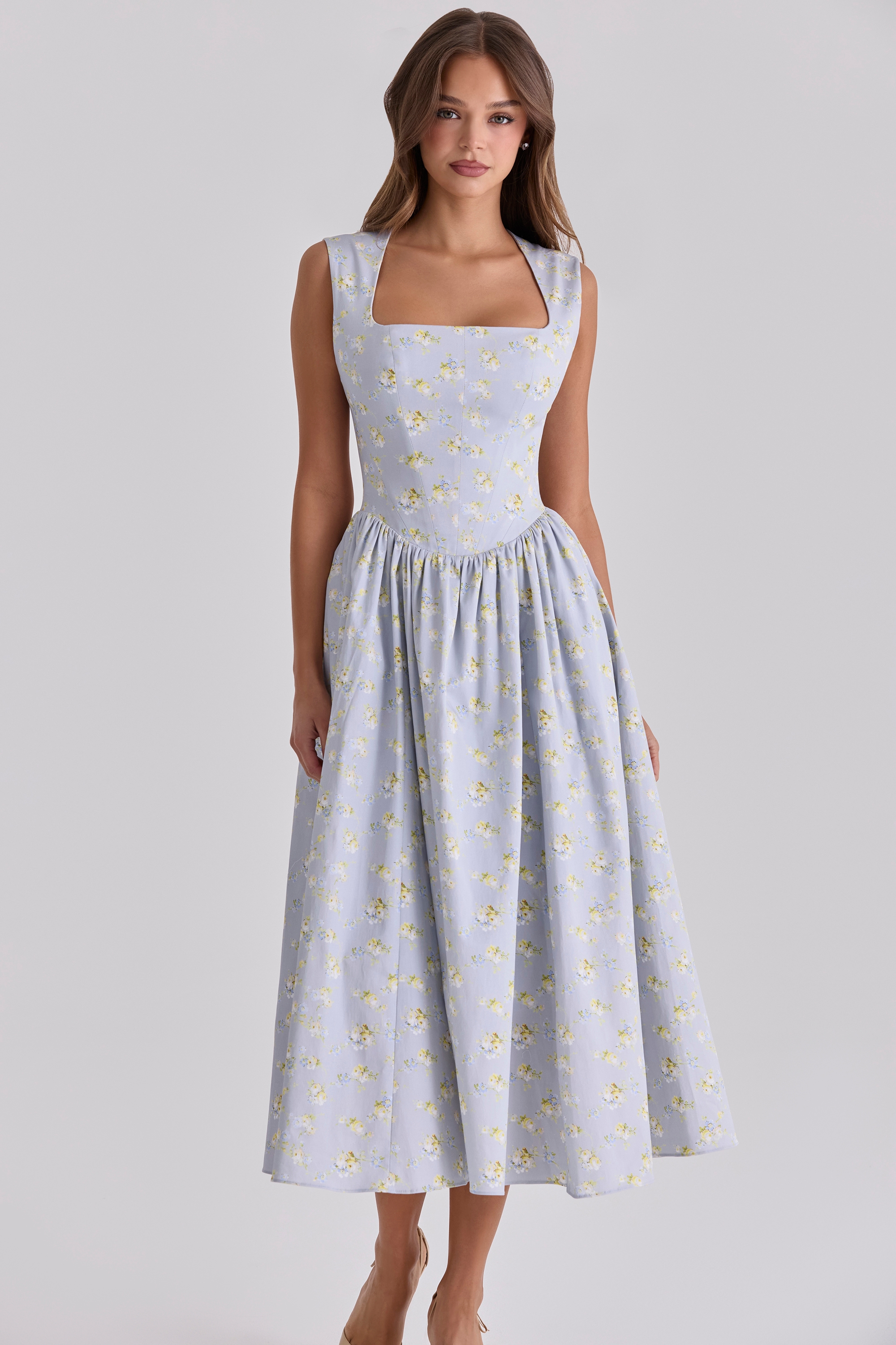 blue wildflower print cotton midi sundress