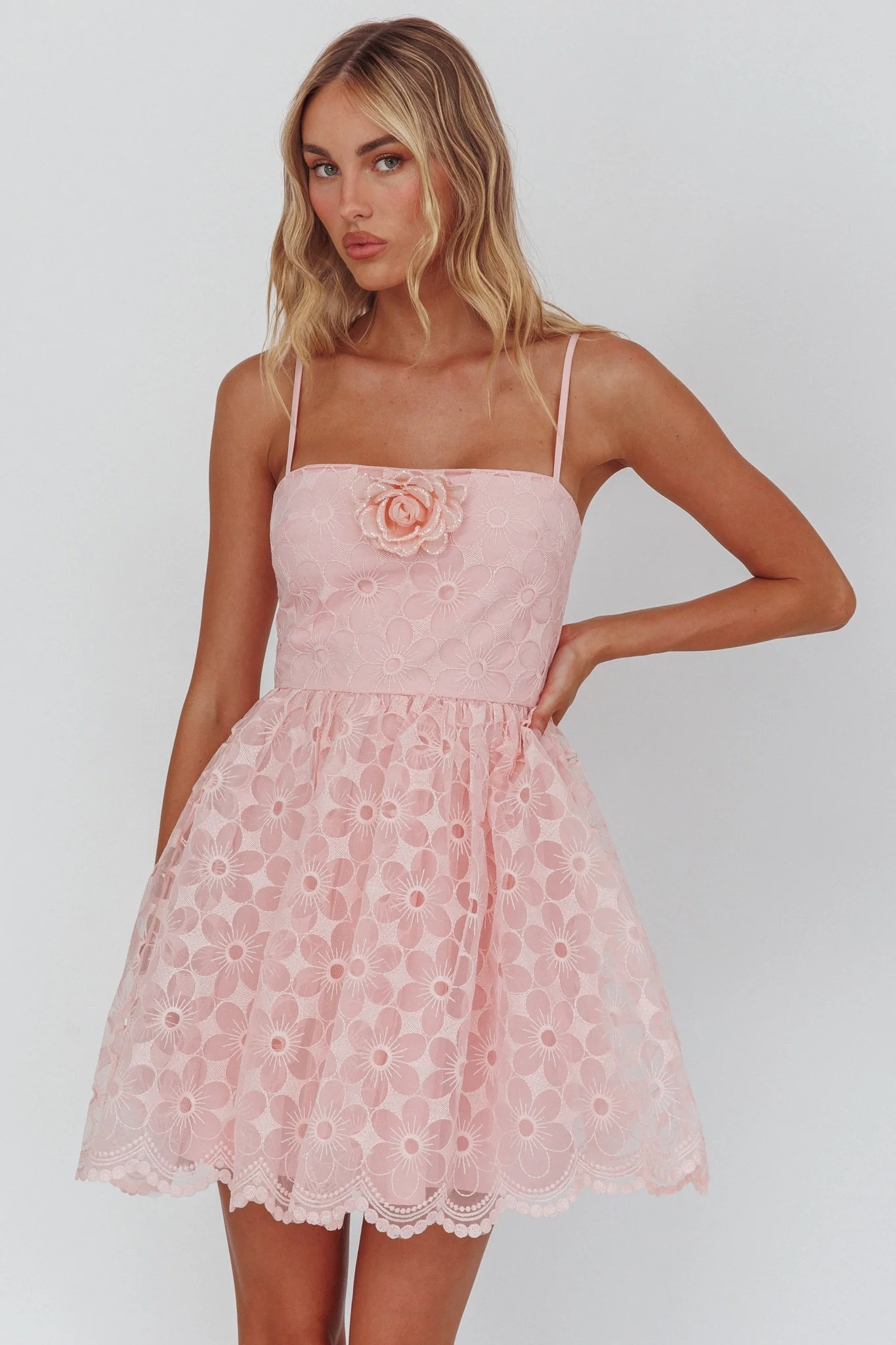Bahia A-Line Square Neckline Mini Dress Lace Blush - luluinthesky