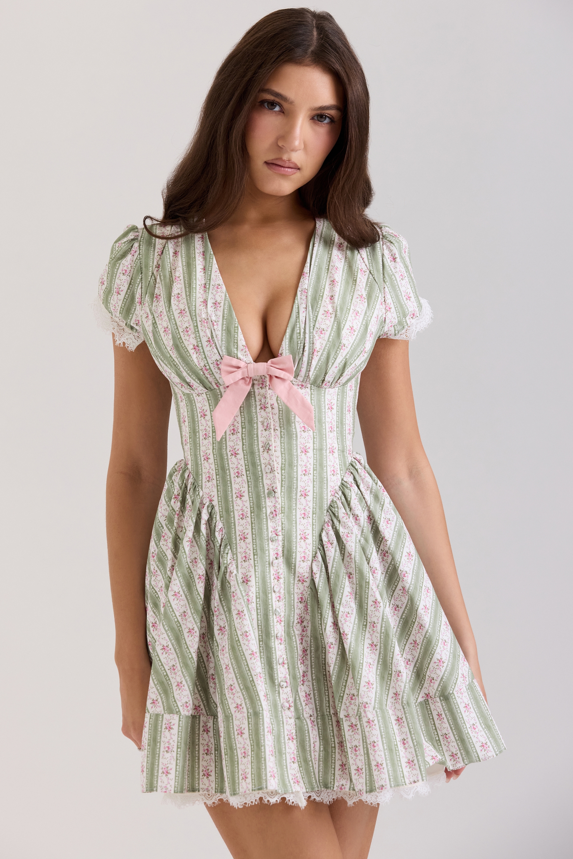 Green Stripe Floral Print Stretch Cotton Mini Dress