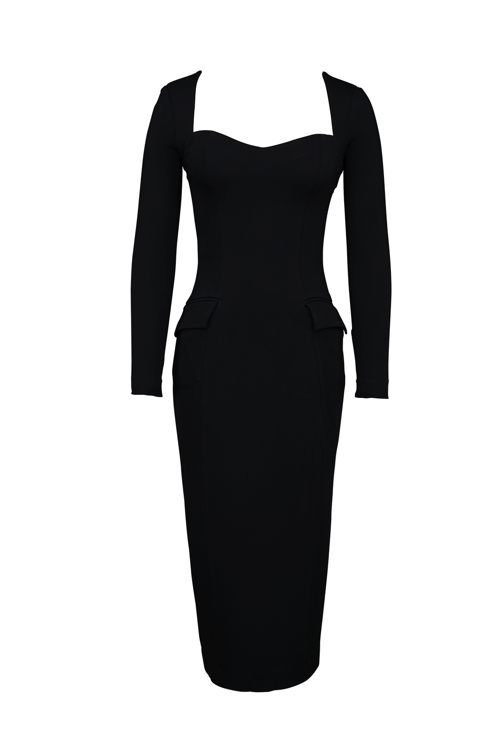 Black Stretch Crepe Long Sleeve Midi Dress