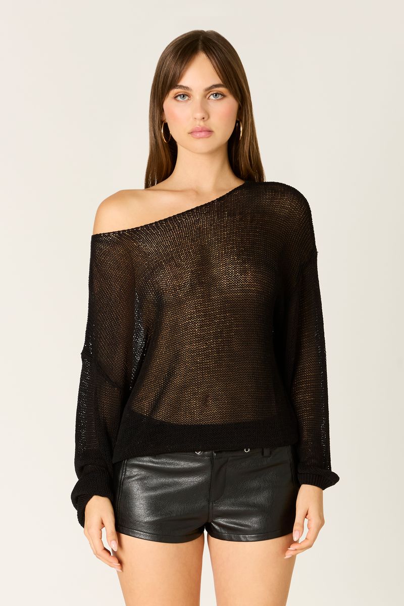 Sheer Off-the-Shoulder Knit Sweater