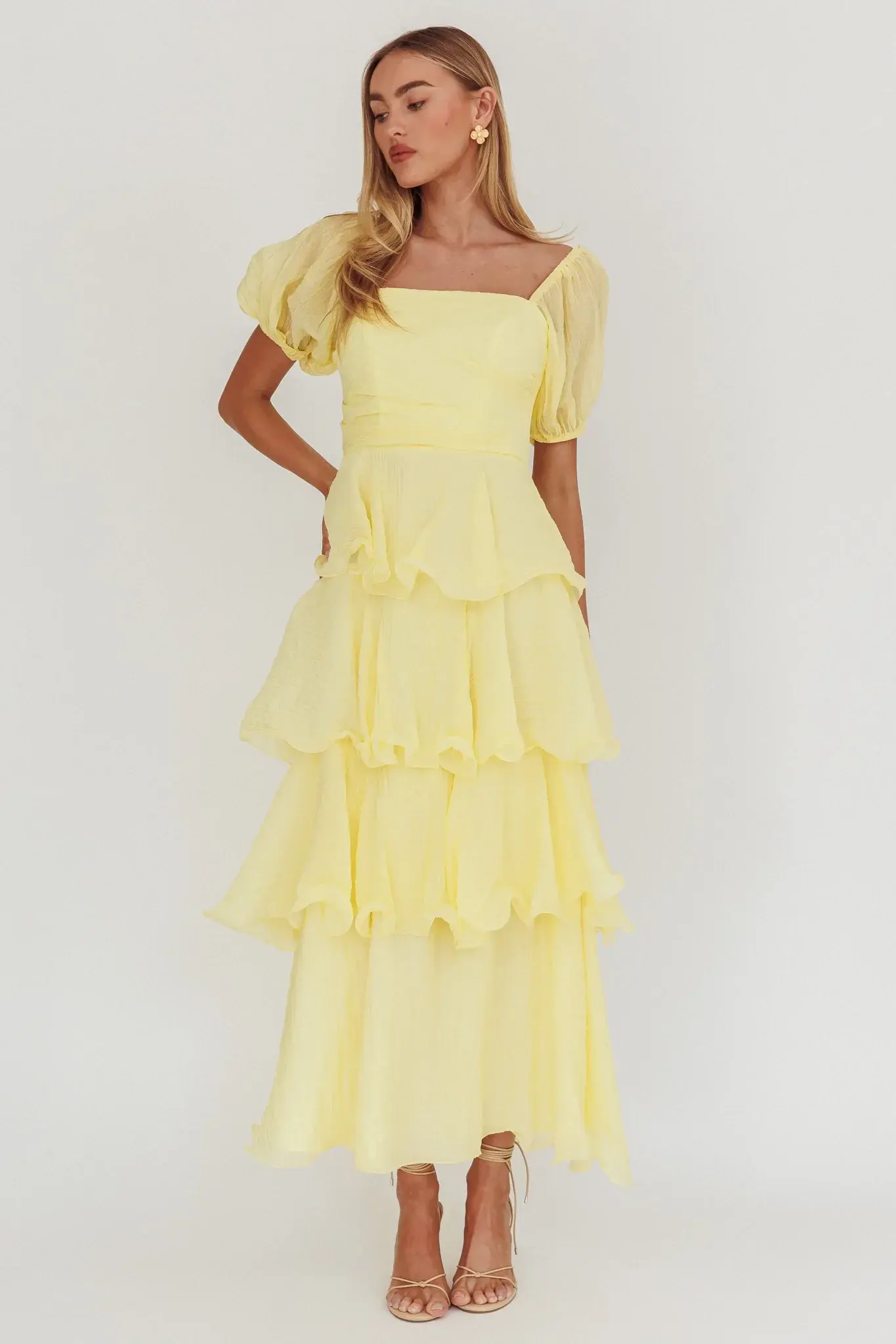 Giavana Puff Sleeve Layered Maxi Dress Lemon - luluinthesky