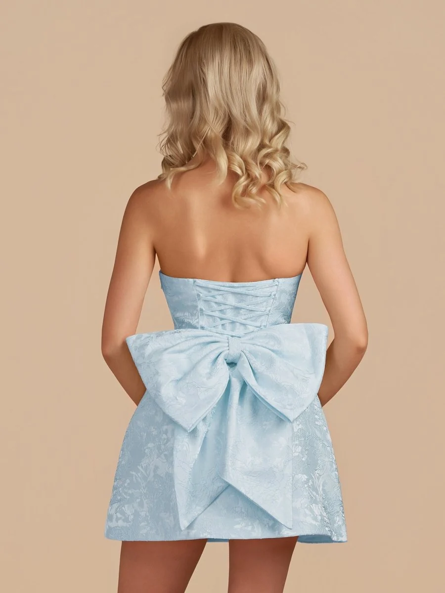 Sky Blue Strapless Jacquard A Line Homecoming Dress With Bowknot