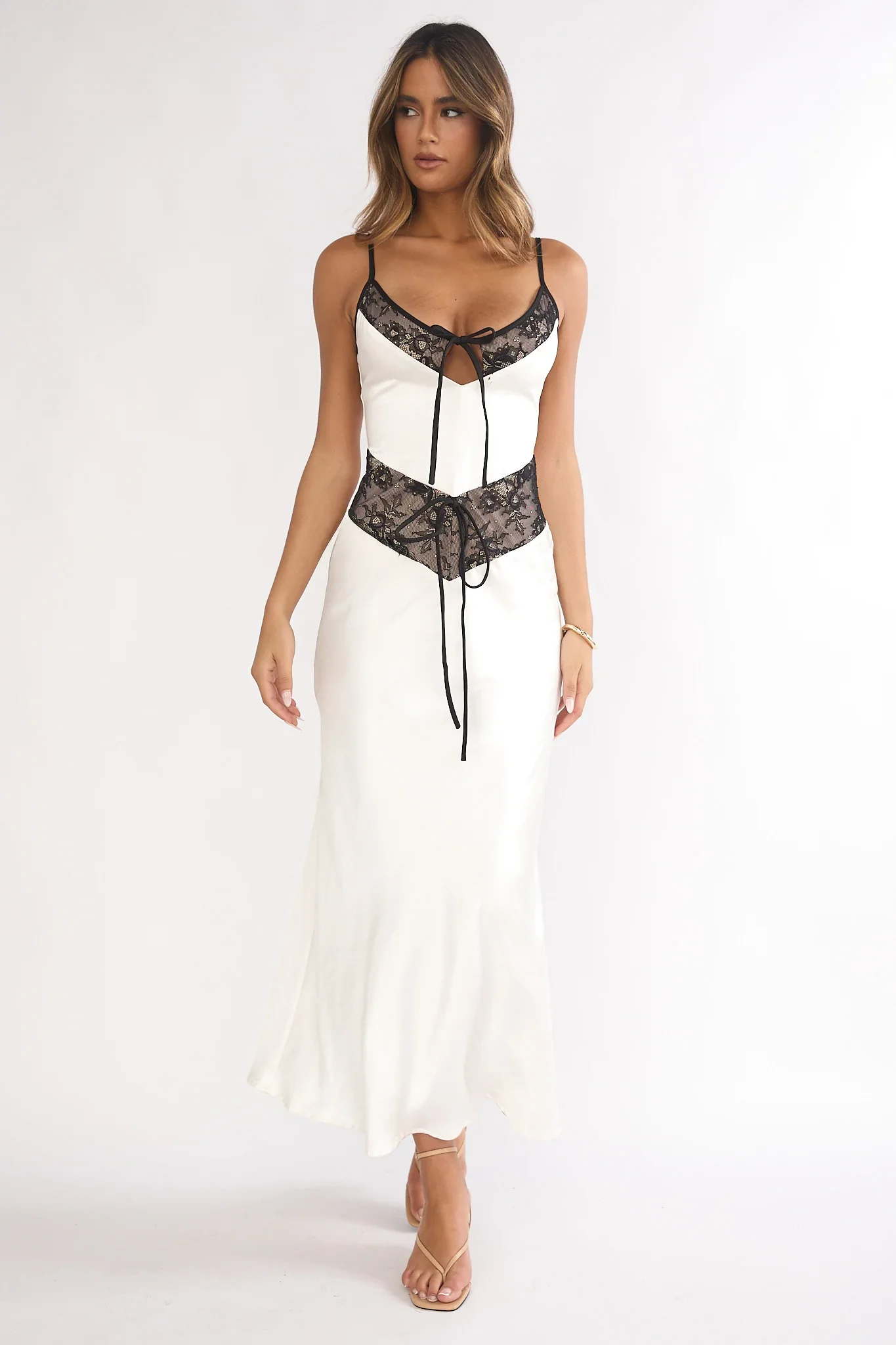 Luna Dolce Lace Trim Tie Maxi Dress Oyster