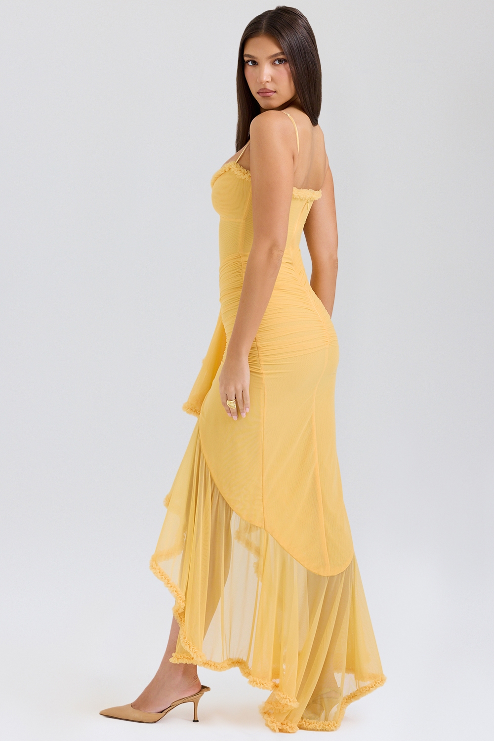 apricot ruffled front gown