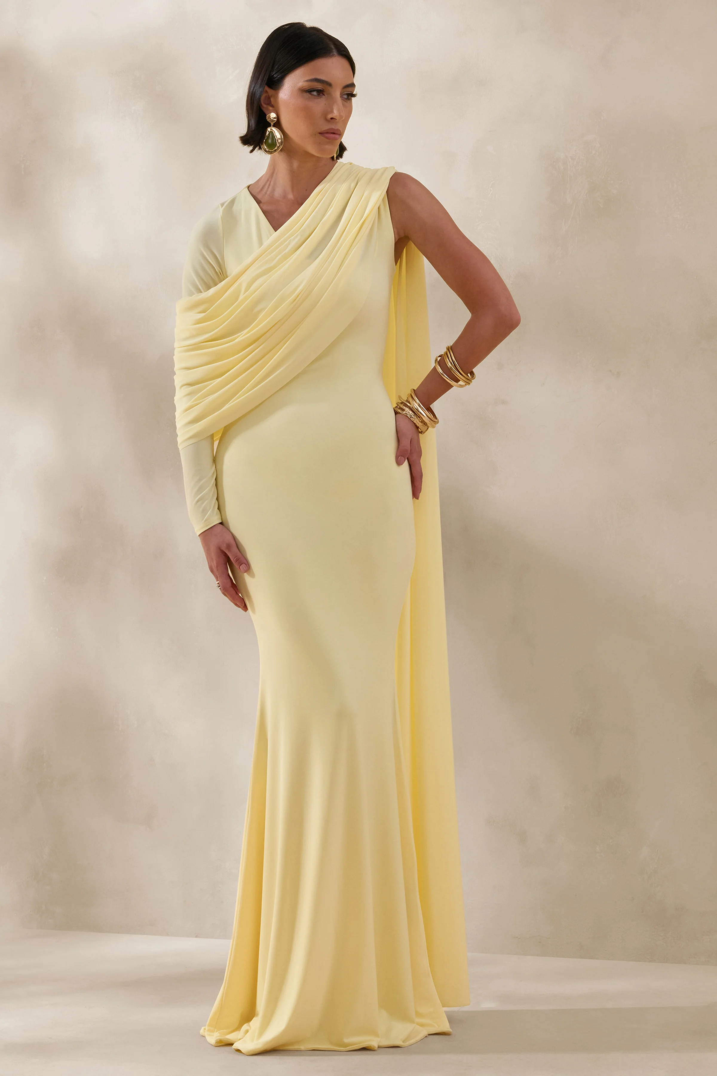 Rubelle | Lemon Asymmetric-Neck Maxi Dress With Draped-Detailing