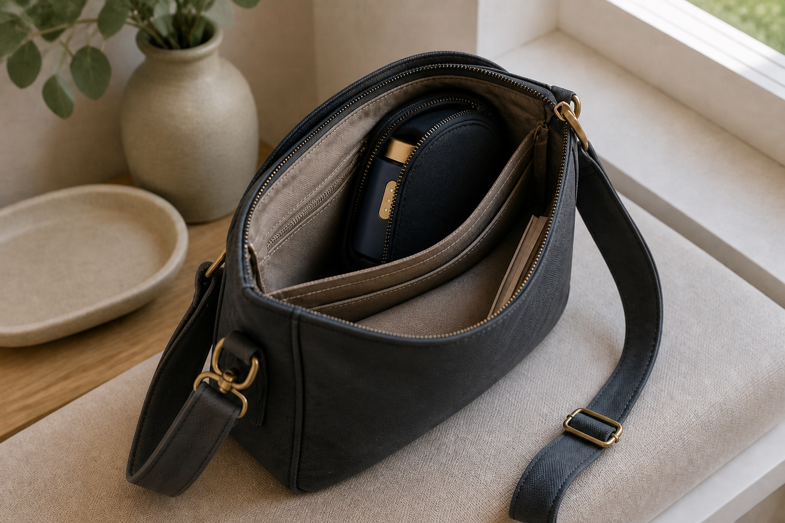 Compact navy-and-gold vape stored in a dedicated sleeve inside an organized crossbody bag