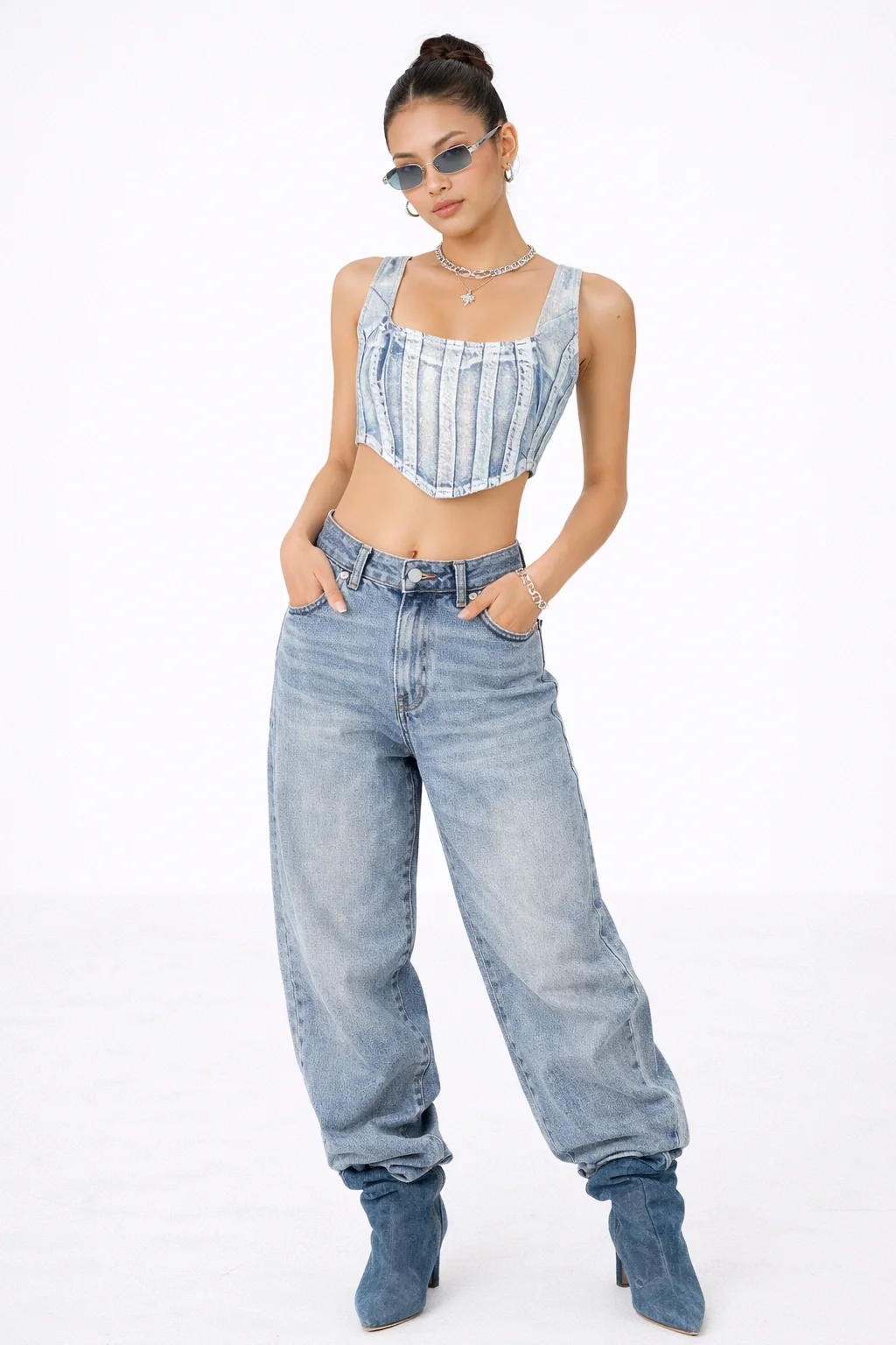 Denim Curved-Hem Crop Top
