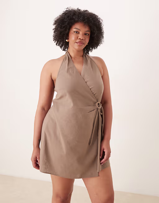 Curve cotton linen blend halter neck wrap mini sundress in ash brown