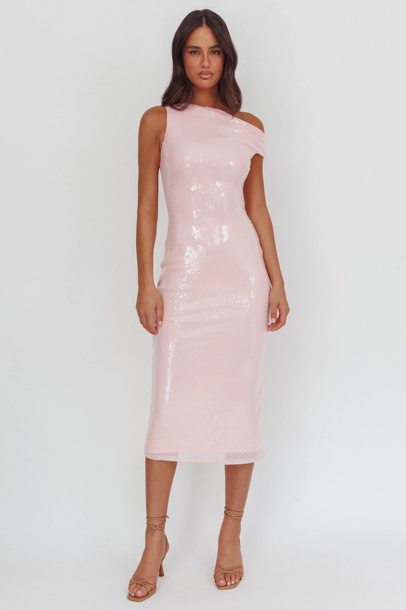 Country Club Asymmetric Neckline Midi Dress Sequin Blush