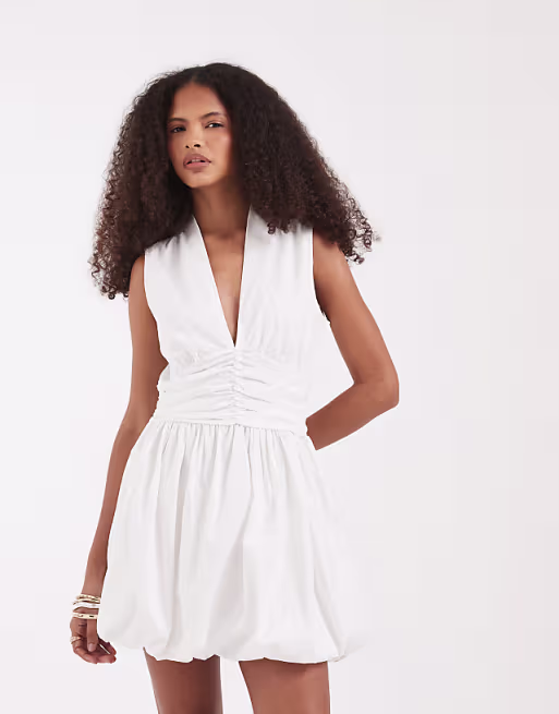 Vero Moda ruched detail balloon hem mini dress in white