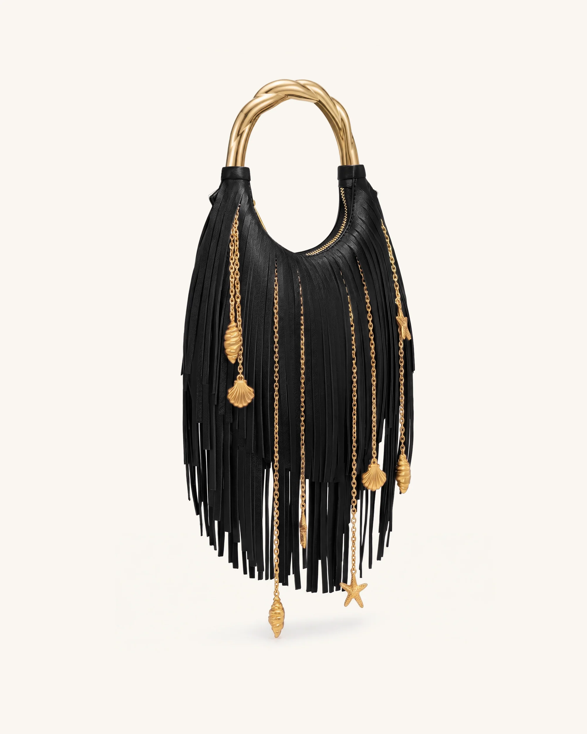 Chloe Metal Handle Fringe Top Handbag - Black
