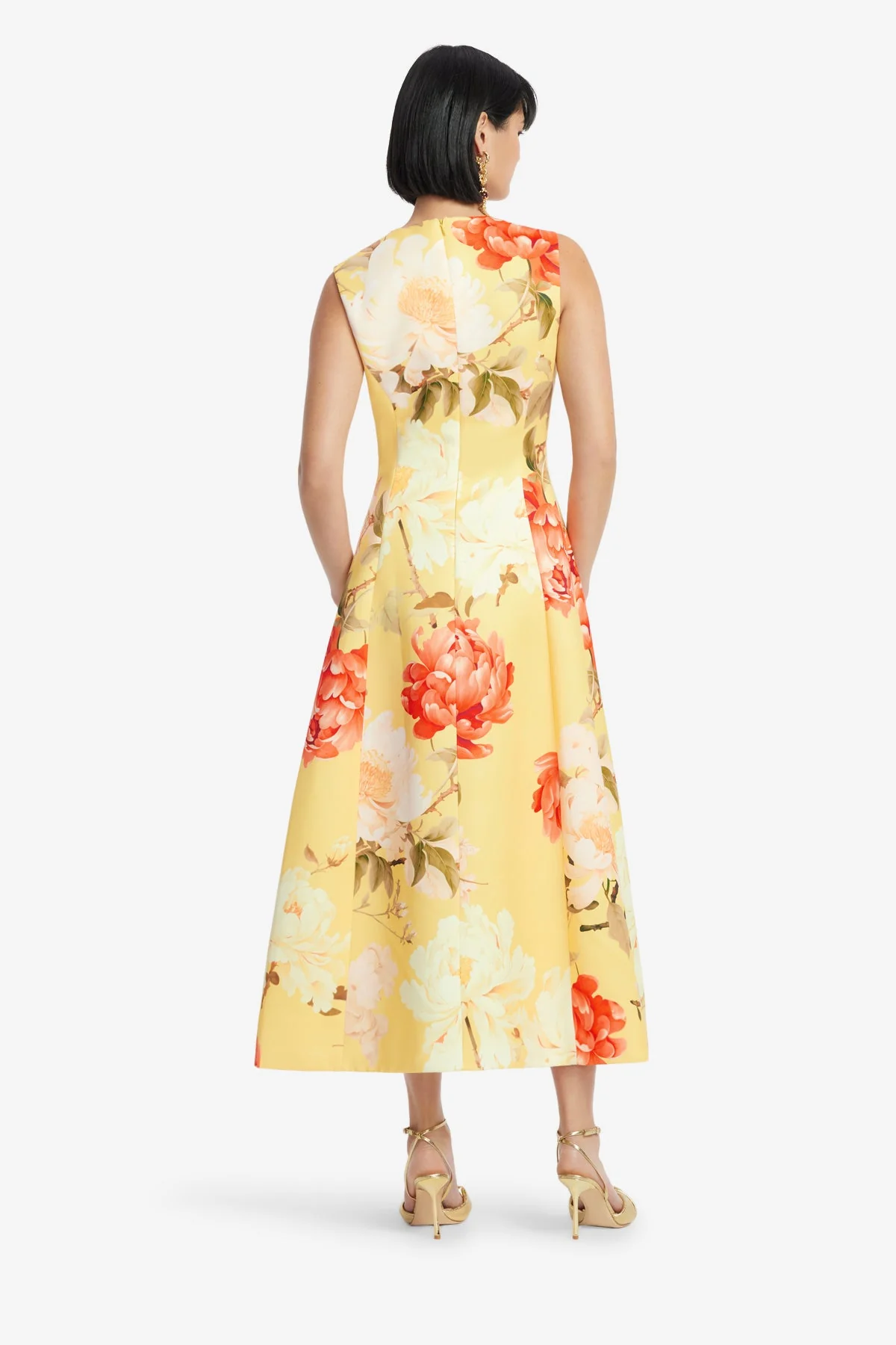 Cleo Sleeveless Midi Dress - Peony Print in Yellow