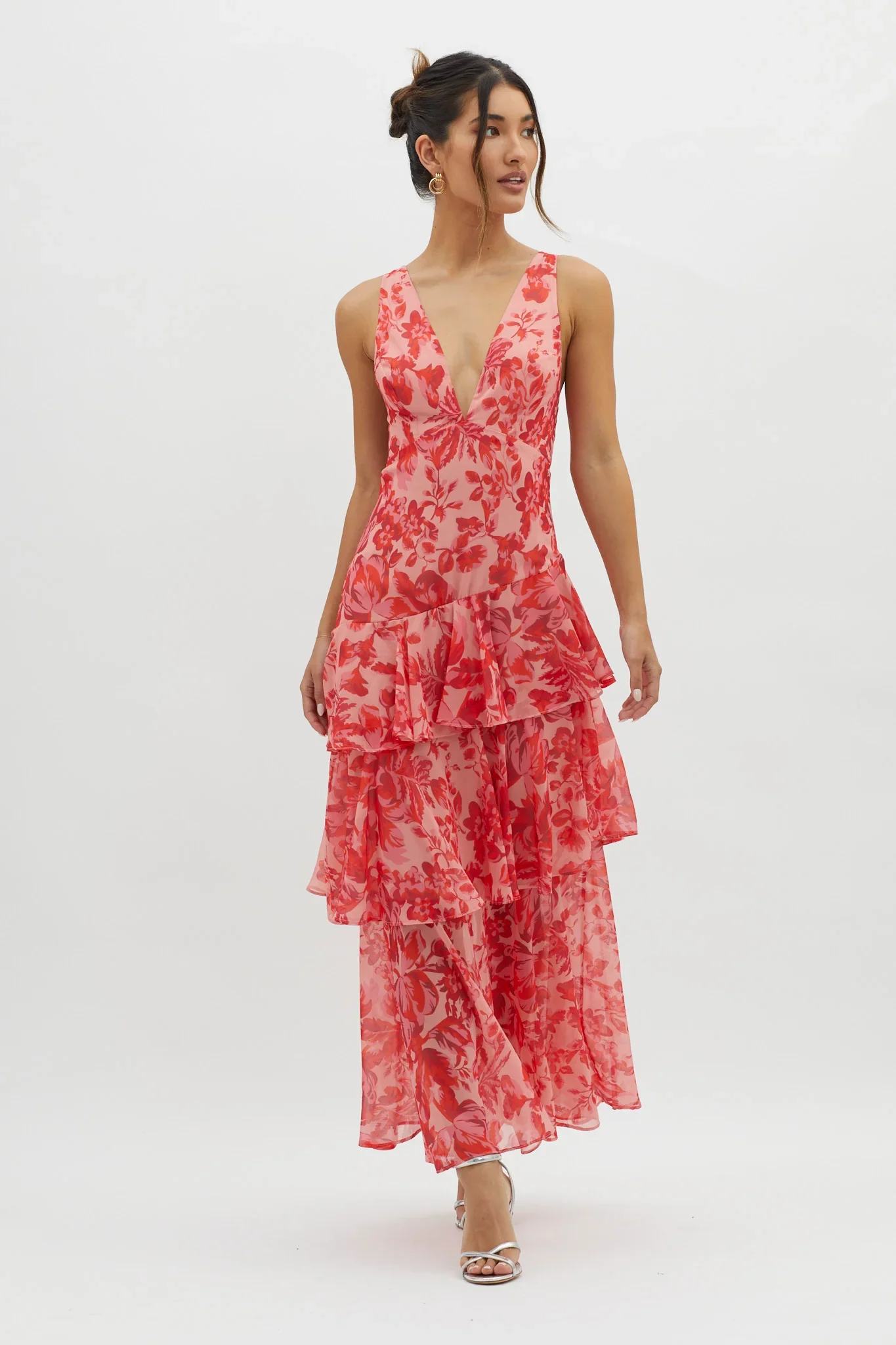 Veda Strappy Back Ruffle Midi Dress Floral Red