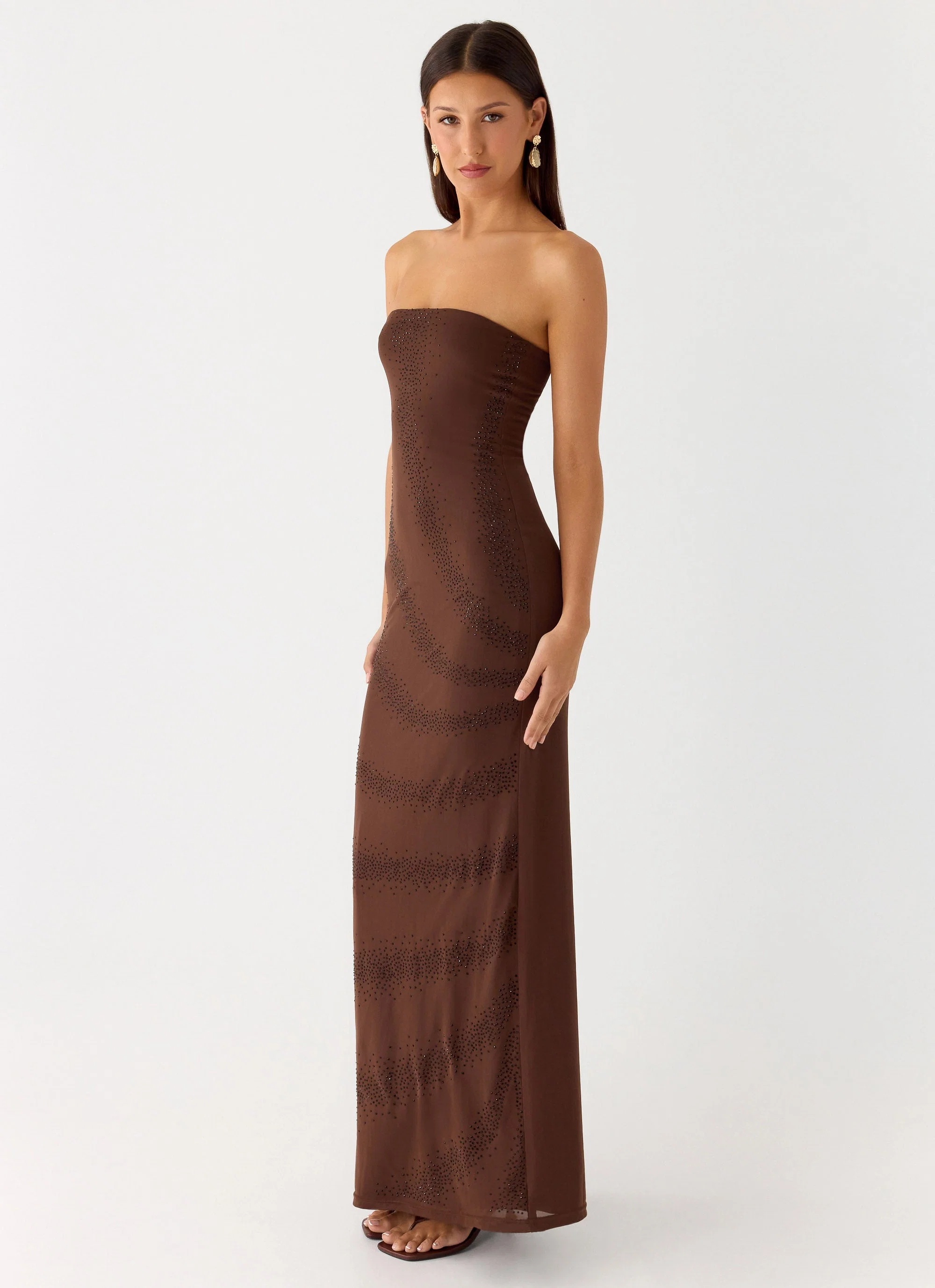 Belisse Beaded Mesh Maxi Dress - Chocolate