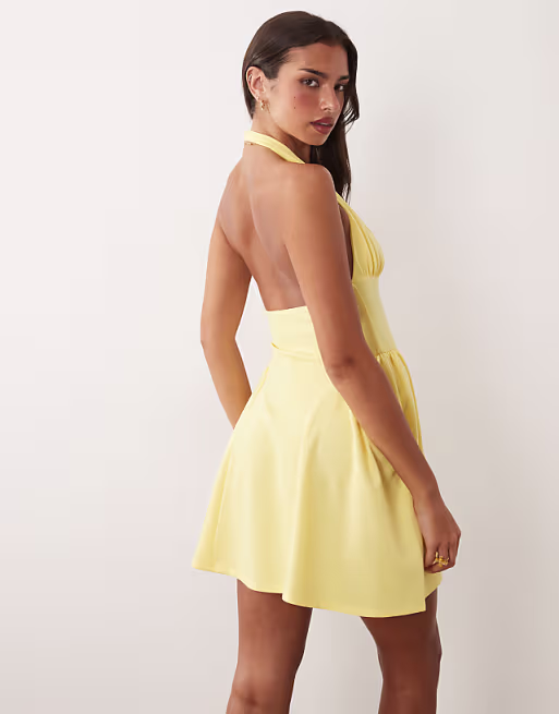halter mini dress with gathered sides in buttermilk