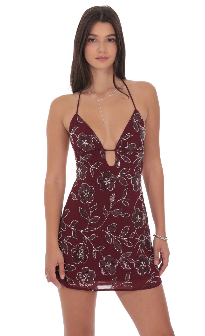 Floral Sequin Beaded Dress in Burgundy