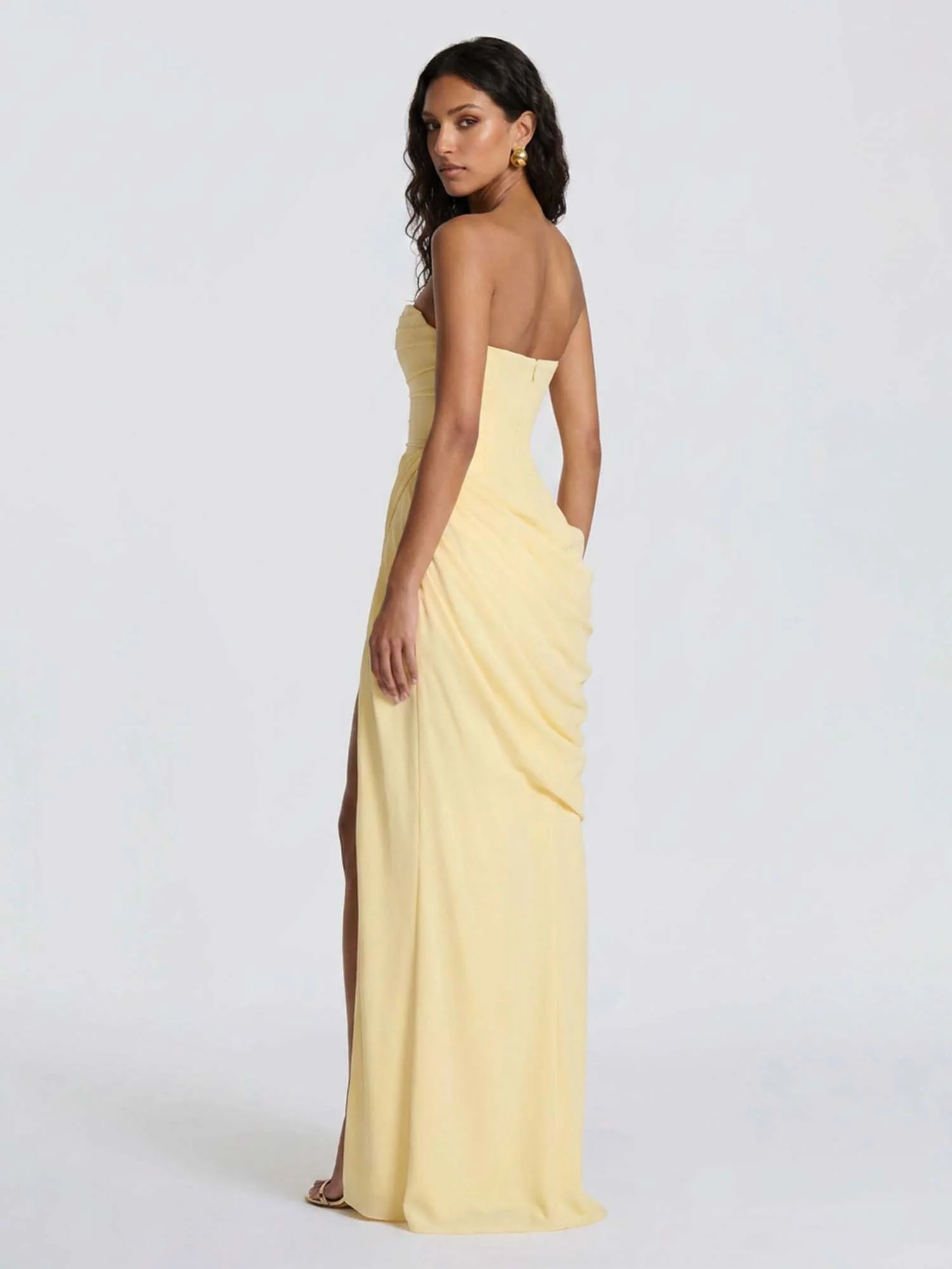 Yellow Ruched Strapless Maxi Dress