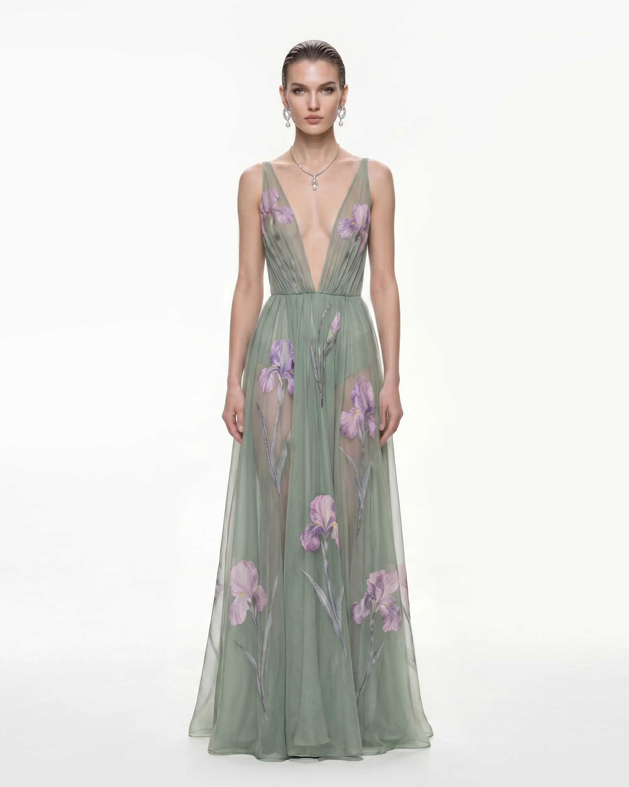 Sheer Floral Print Maxi Dress - Sage Green