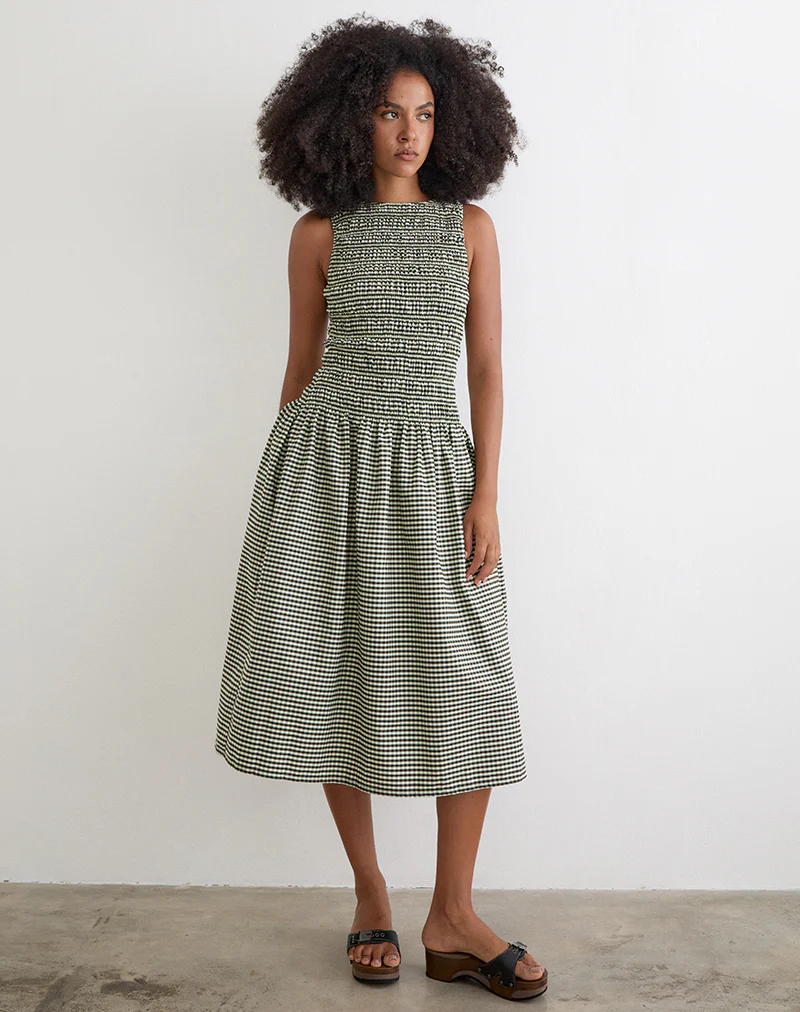Undine Midi Dress in Mini Gingham Dark Green