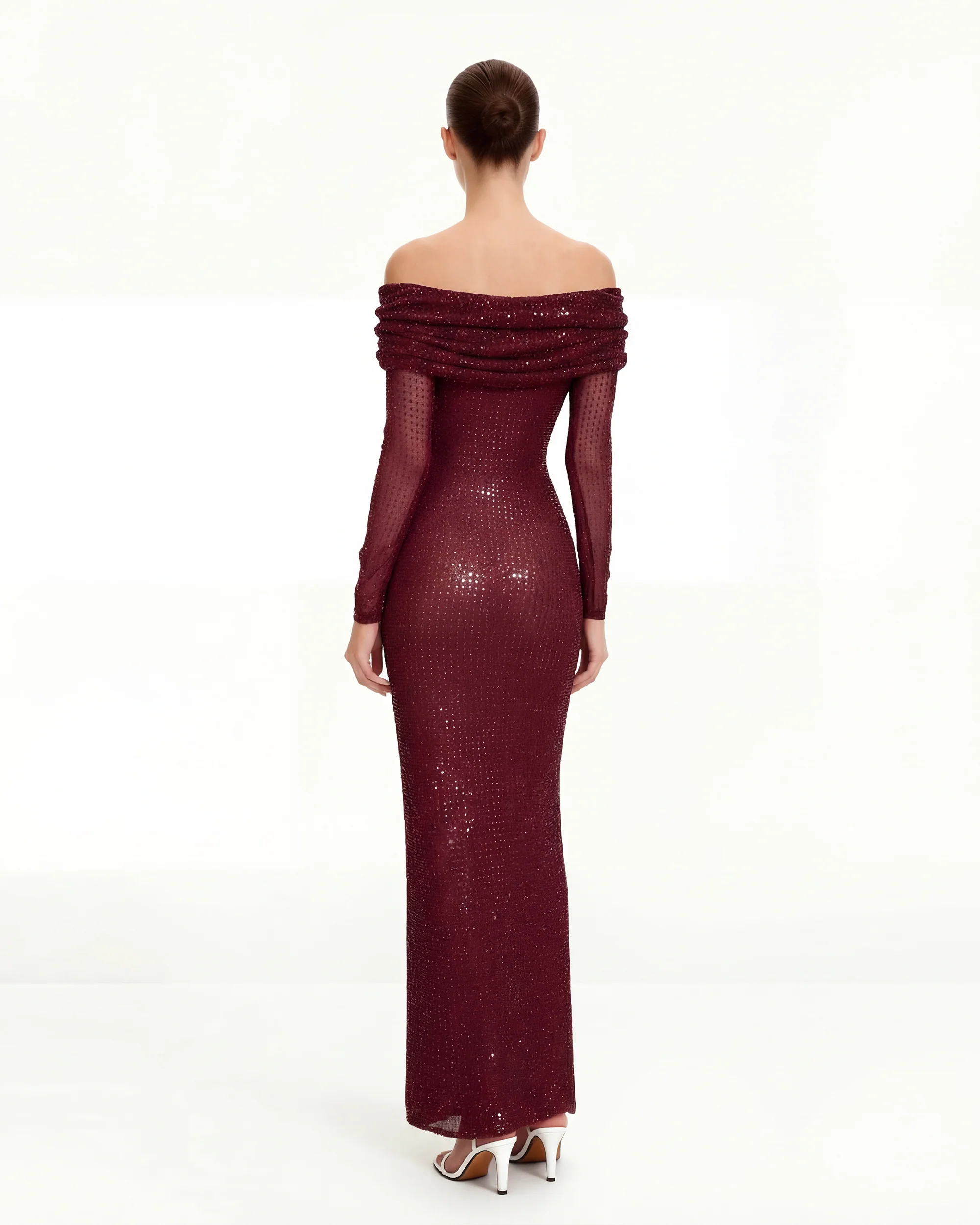 Rhinestone Mesh Off-Shoulder Maxi Dress - Claret - FASHION NOB
