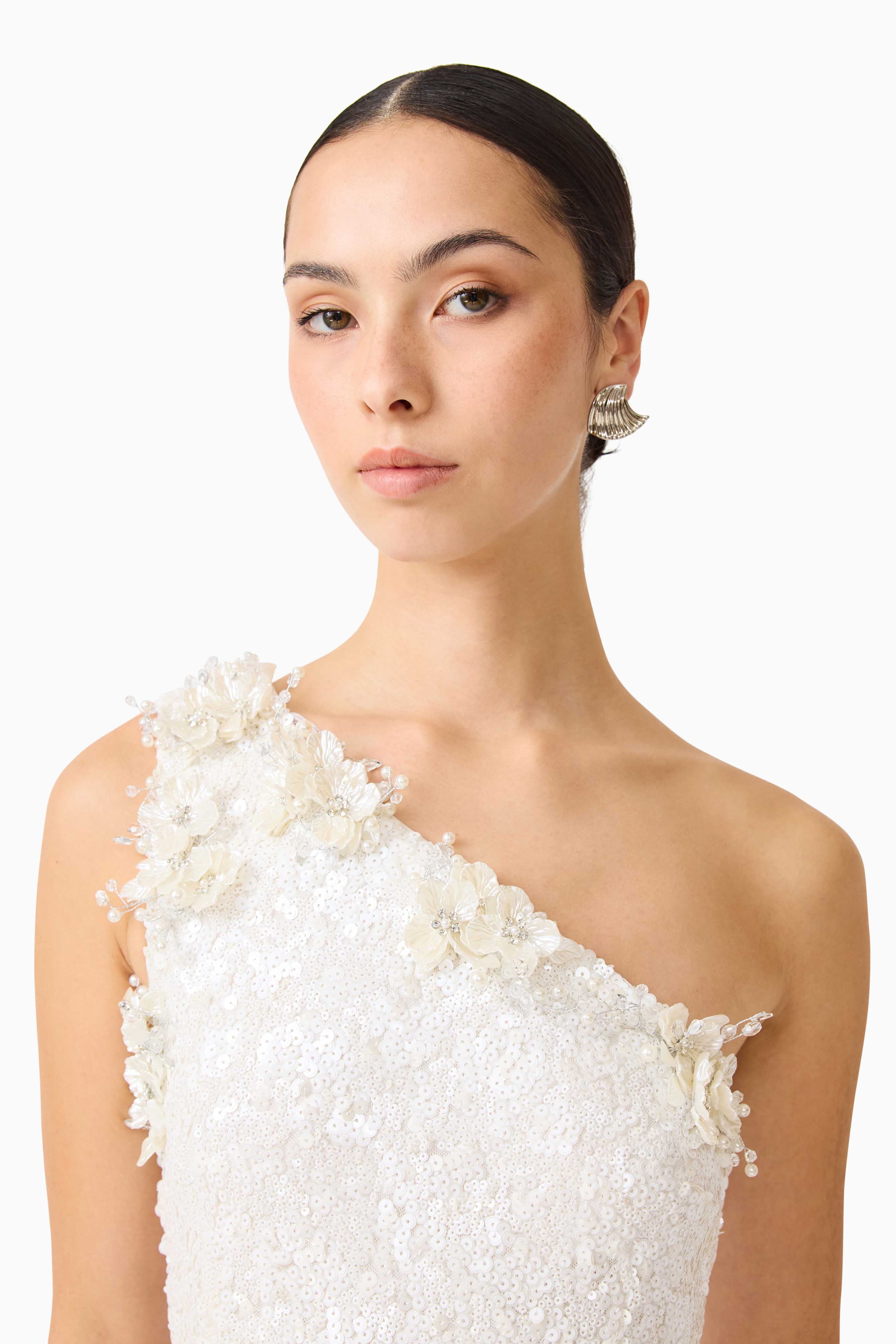 Alessia Embellished One Shoulder Gown in White