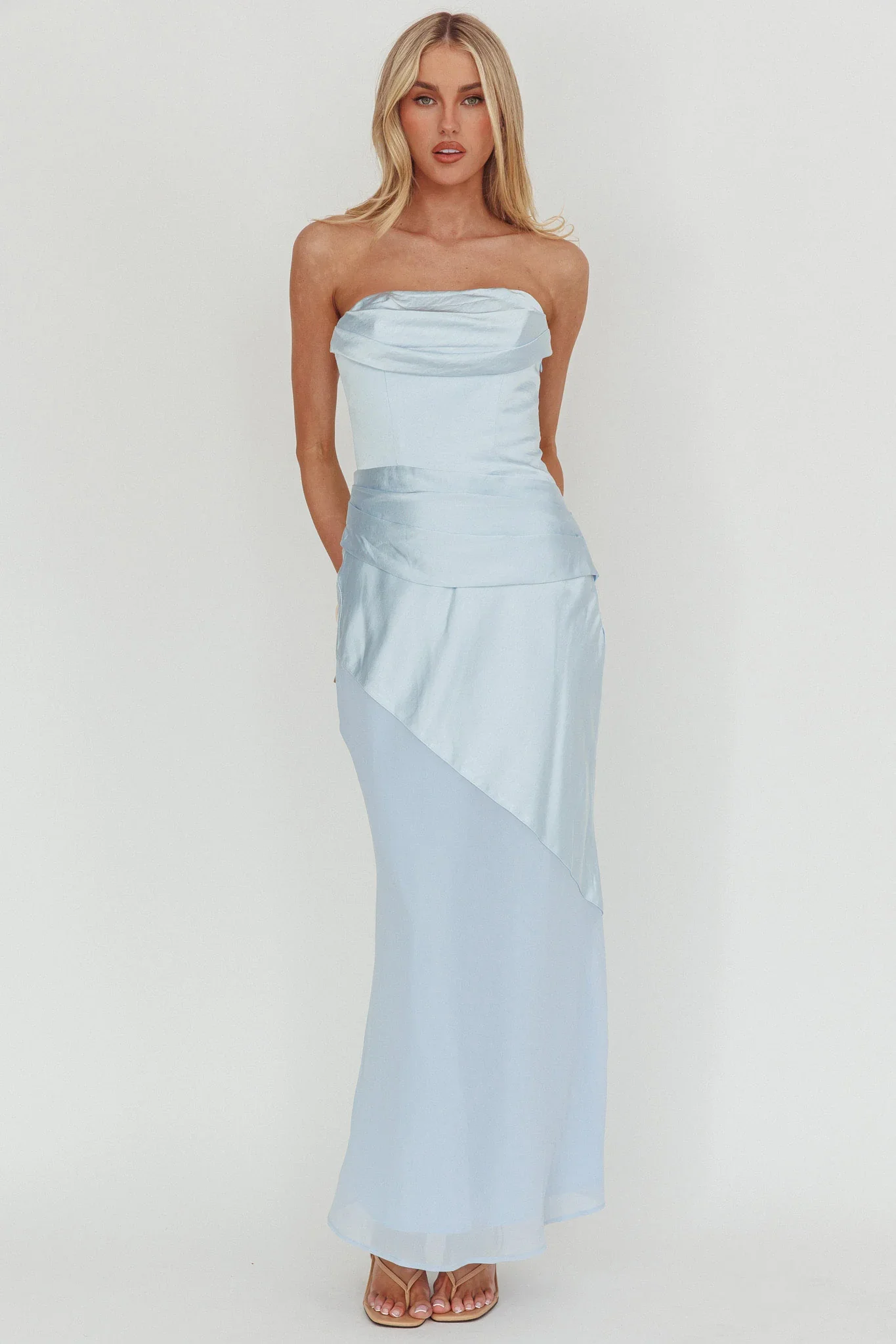 Moon Aura Pleat Detail Strapless Maxi Dress Blue