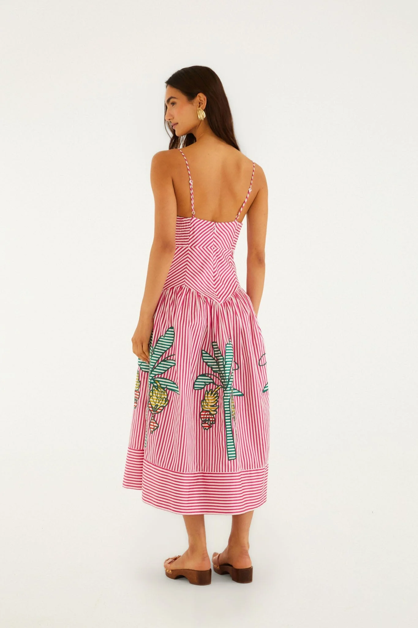 Pink Palm Tree Stripes Cutwork  Midi Dress