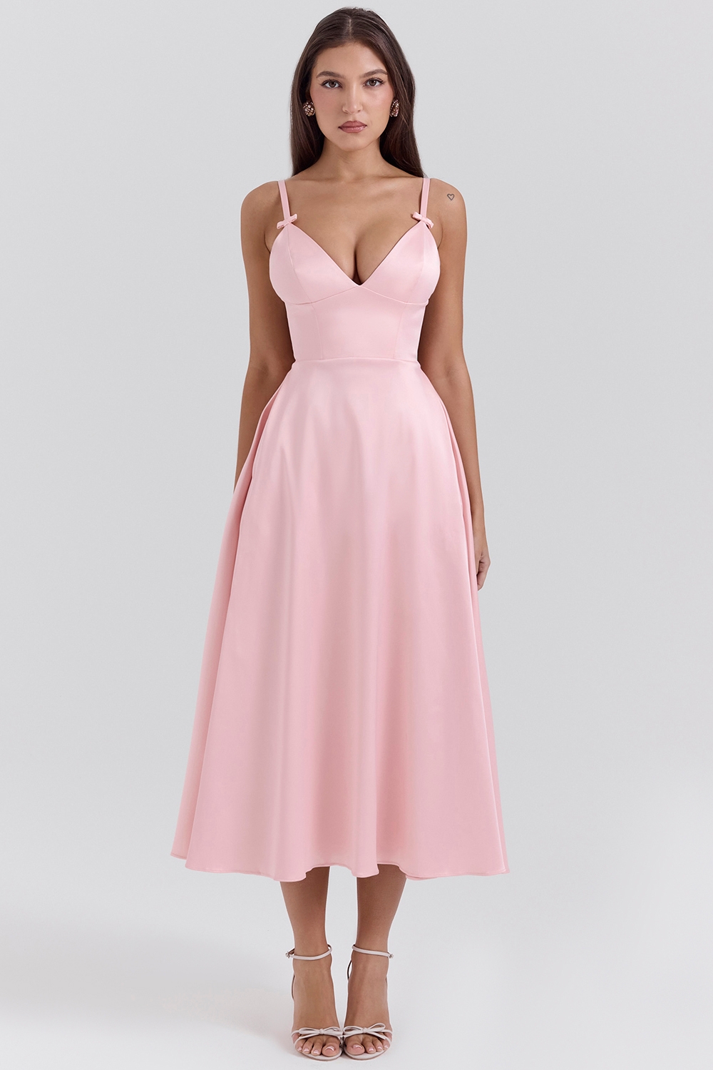 parisian pink satin a-line midi dress