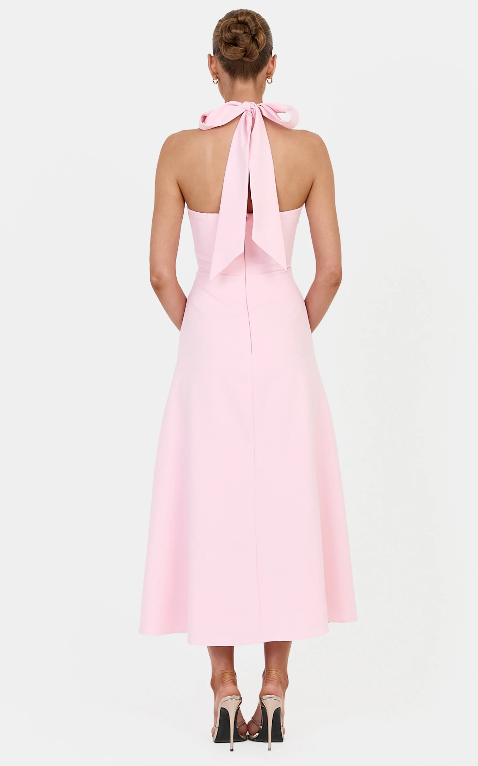 Karissa Midi Dress - Halter Neck Fit and Flare Midi Dress in Baby Pink
