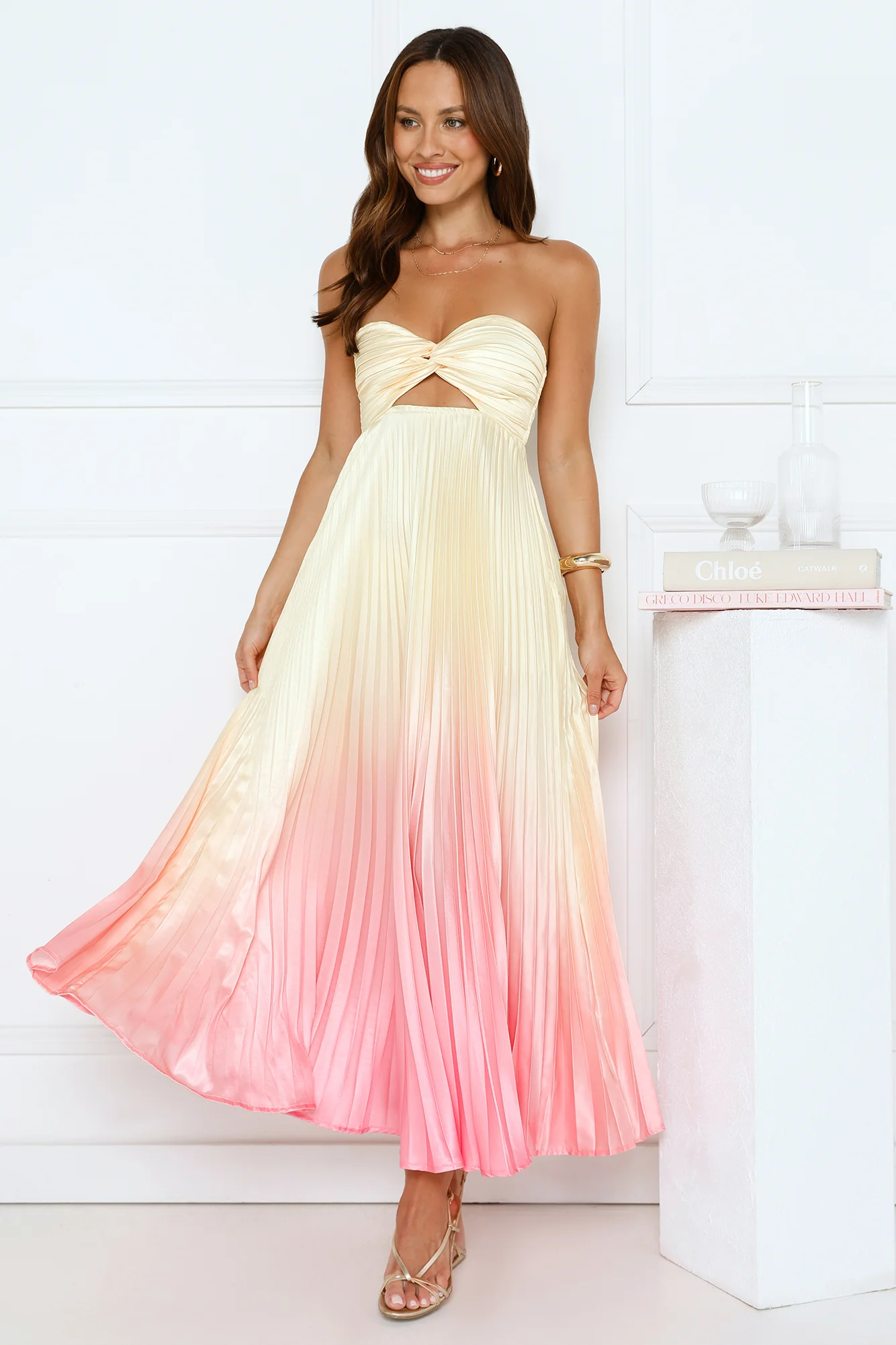 Melting Sunset Satin Strapless Maxi Dress Yellow