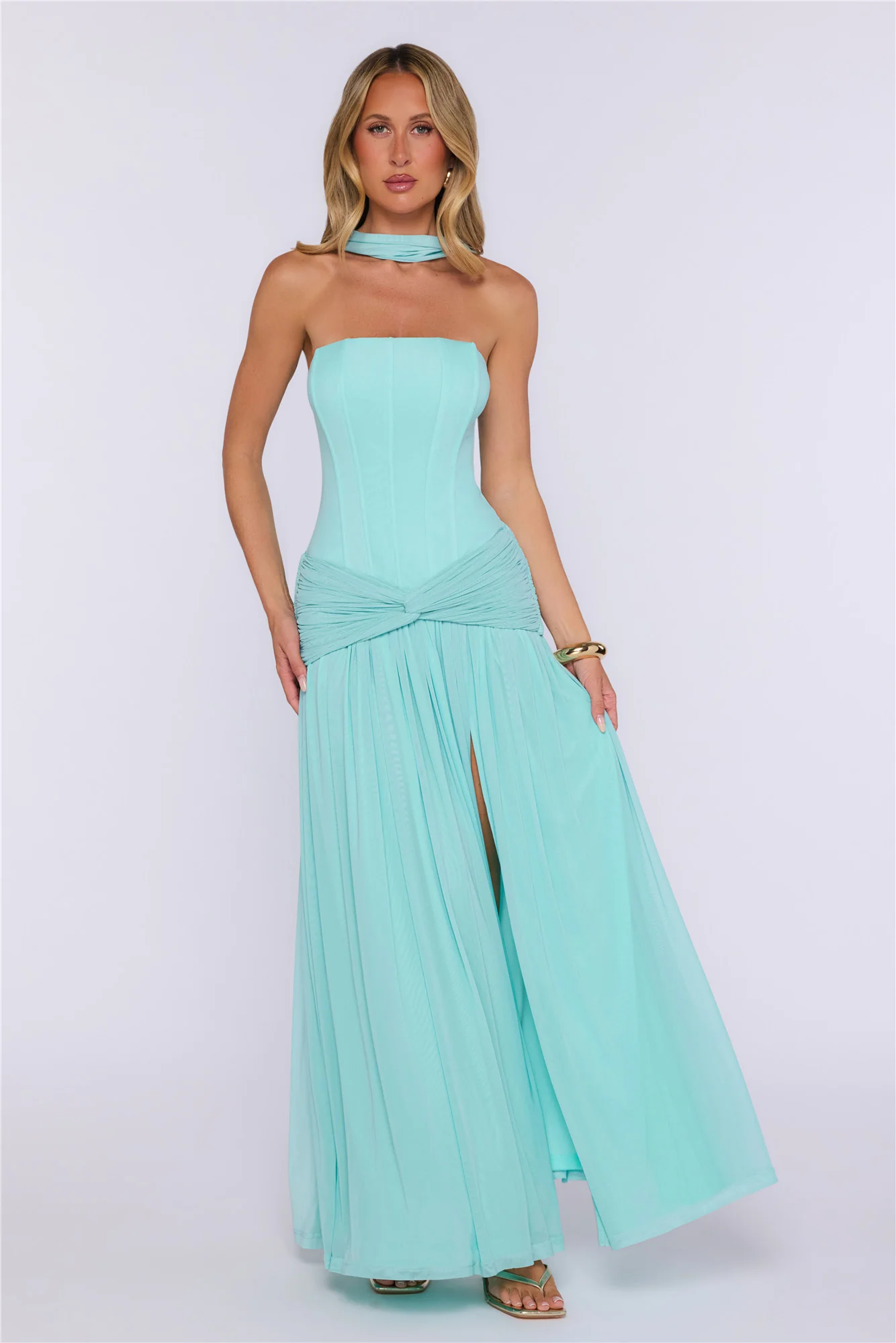 Pretty Feeling Strapless Mesh Maxi Dress Aqua