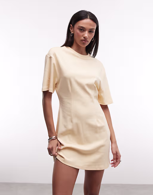 Monki cinched waist t-shirt mini dress in butter yellow