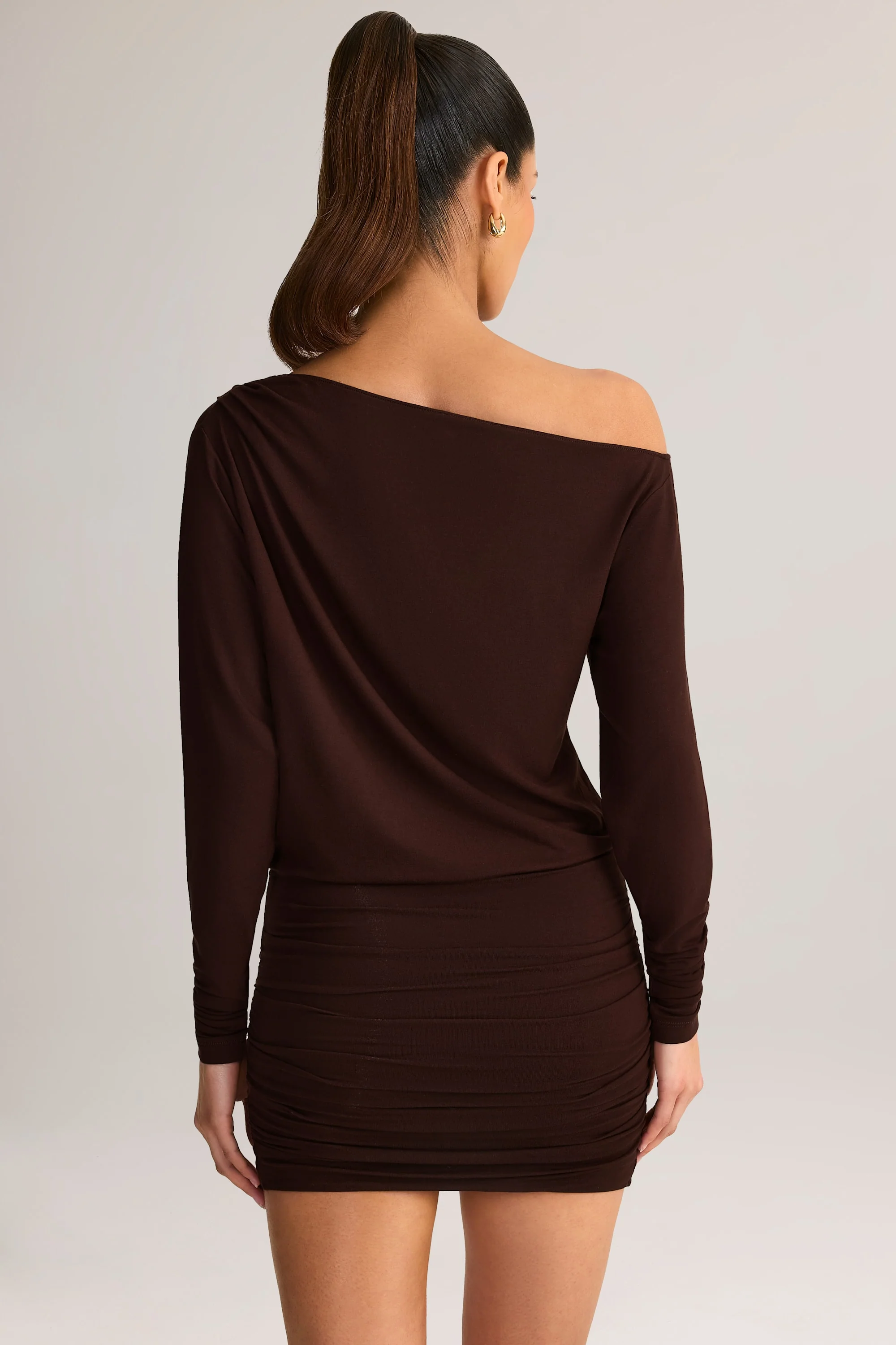 Modal Off-Shoulder Wrap Mini Dress in Chocolate Brown
