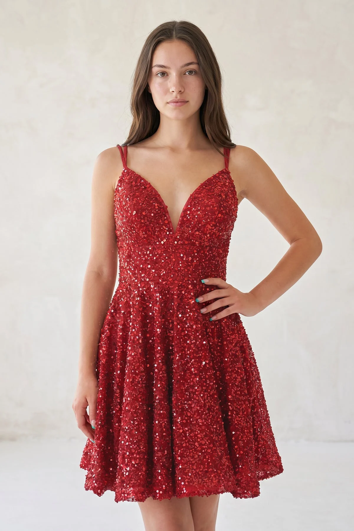 Red A Line V Neck Sequined Short Homecoming Dresses