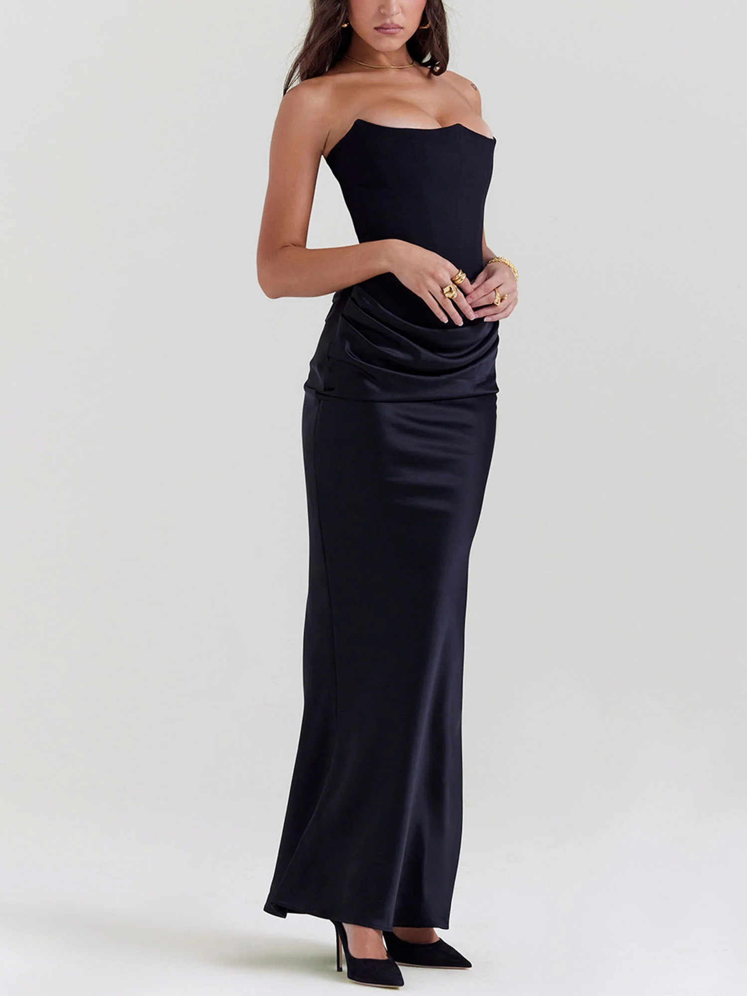 Black Strapless Draped Bodycon Maxi Dress